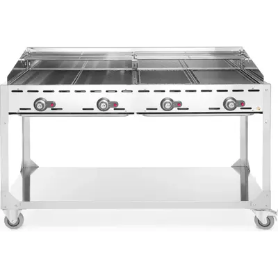 HENDI Gril plynový Green Fire 4 hořáky, Profi Line, na kolové základně, Světle šedá, 22kW, 1400x612x(H)825mm