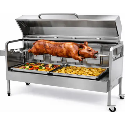 Gril plynový rožňový nerez – rotisserie na sele, kýtu i kuřata (do 25 kg)
