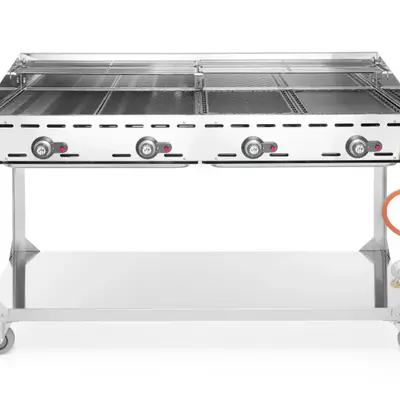HENDI Gril plynový Green Fire 4 hořáky, Profi Line, na kolové základně, Světle šedá, 22kW, 1400x612x(H)825mm (2)