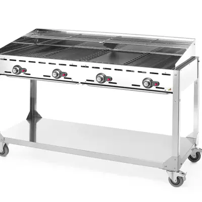 HENDI Gril plynový Green Fire 4 hořáky, Profi Line, na kolové základně, Světle šedá, 22kW, 1400x612x(H)825mm (3)