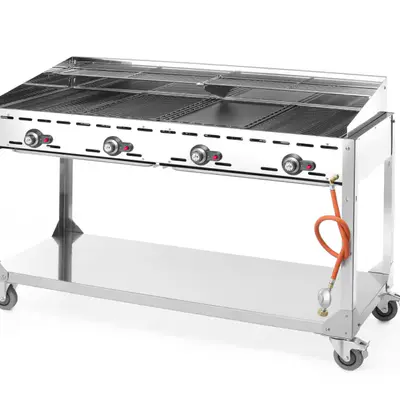 HENDI Gril plynový Green Fire 4 hořáky, Profi Line, na kolové základně, Světle šedá, 22kW, 1400x612x(H)825mm (4)