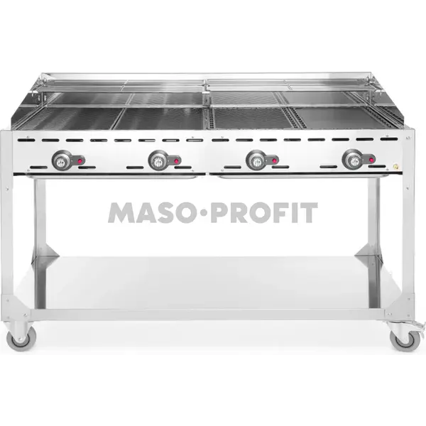 HENDI Gril plynový Green Fire 4 hořáky, Profi Line, na kolové základně, Světle šedá, 22kW, 1400x612x(H)825mm
